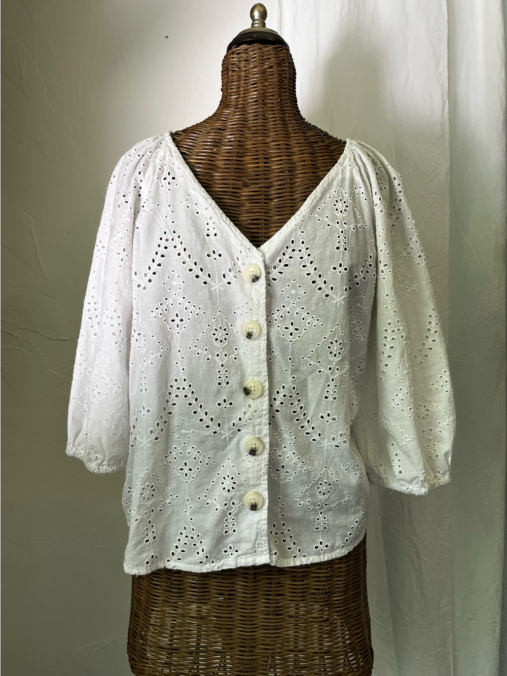 White Eyelet Cotton Peasant Top.